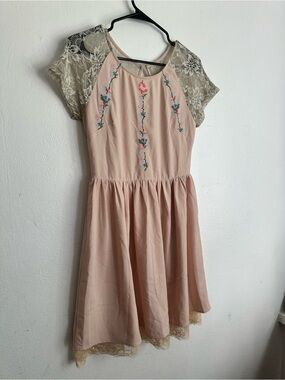 Blush Pink Lace Sleeve Embroidered Mini Dress